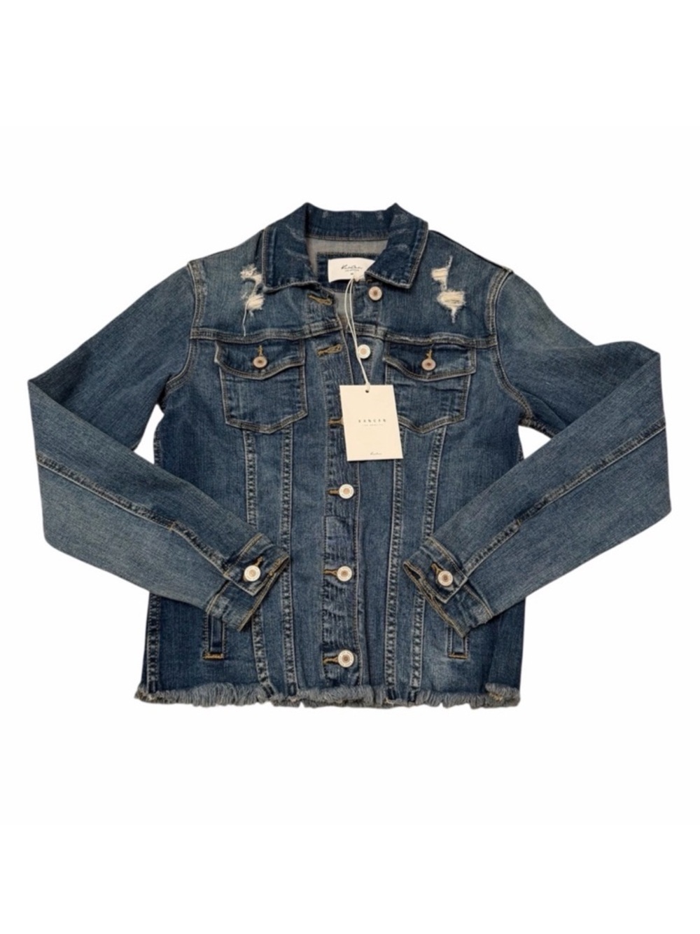 KanCan Wilson Denim Jacket Women’s X-Small Dark Wash Trucker Distressed Spring - Picture 1 of 5